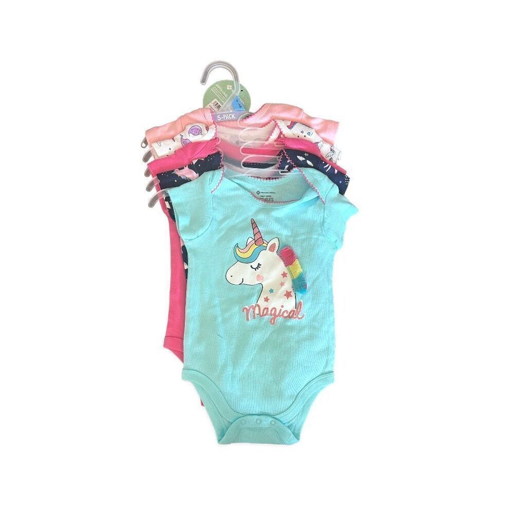 NWT Baby Girls Members Mark 5 Piece Baby’s Favorite Unicorn Bodysuits - Sz 6-9 m